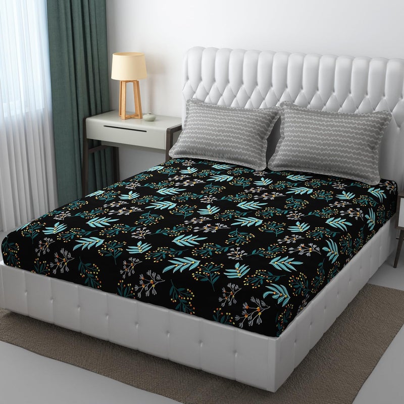 STARNSTYLE 280 TC Elastic Fitted Bedsheet with 2 Pillow Covers - Black Blue Floral Design (78x72 Inches) - Image 1